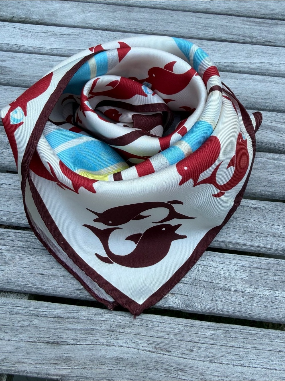Vintage CACHAREL Silk Square Scarf Red Dolphin Border Diagonal Striped Nautical